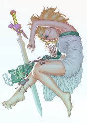 1girl aqua_eyes arm_up armpits artist_request bare_arms bare_shoulders barefoot blonde_hair breasts clenched_hands clothes_lift collarbone dress dress_lift earrings feet female_focus fingernails from_side full_body hair_ornament hairclip jewelry knees legs looking_at_viewer master_sword medium_breasts medium_hair nintendo no_bra official_alternate_costume official_alternate_hair_length official_alternate_hairstyle parted_bangs parted_lips pendant pointy_ears princess_zelda serious sidelocks simple_background soles spread_toes strapless strapless_dress tabard the_legend_of_zelda the_legend_of_zelda:_tears_of_the_kingdom thighs toes white_background white_dress