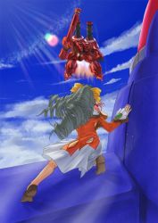 1girl achtzehn bad_id bow day dress drill_hair grey_hair hair_bow himegami_shino lens_flare long_hair maria_balthasar mecha robot seibzehn sky xeno_(series) xenogears yellow_bow