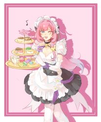 Rule 34 | 1girl, ;o, apron, black choker, black dress, blue eyes, border, breasts, butterfly hair ornament, cake, candy, chocolate, choker, cleavage, commentary, cup, dress, elysia (honkai impact), elysia (miss pink) (honkai impact), elysia (miss pink elf) (honkai impact), fake horns, food, gloves, hair ornament, highres, holding, holding candy, holding food, honkai (series), honkai impact 3rd, horns, large breasts, long hair, looking at viewer, maid, maid apron, maid headdress, official alternate costume, one eye closed, pantyhose, pink background, pink hair, puffy short sleeves, puffy sleeves, short sleeves, solo, symbol-only commentary, teacup, white apron, white border, white gloves, white pantyhose, yi gao