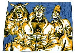 Rule 34 | 3boys, bad id, bad tumblr id, commentary, controller, crossed legs, dio brando, earrings, english commentary, from below, hat, headband, jacket, jewelry, jojo no kimyou na bouken, kotteri, looking to the side, male focus, multiple boys, open mouth, playing, playing games, shirt, short hair, smile, terence t. d&#039;arby, thick eyebrows, vanilla ice