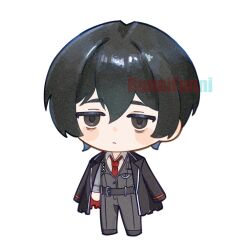 Rule 34 | 1boy, black coat, black eyes, black hair, black pants, black vest, chibi, closed mouth, coat, coat on shoulders, collared shirt, full body, funnibunni, highres, limbus company, long sleeves, looking at viewer, male focus, necktie, pants, project moon, red necktie, shirt, short hair, simple background, solo, standing, vest, white background, white shirt, yi sang (project moon)