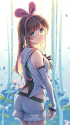 1girl aqua_eyes artist_name ass backlighting black_bow blue_petals blush bow breasts brown_hair character_name chest_bow closed_mouth commentary_request copyright_name cowboy_shot dated detached_sleeves falling_petals flower hairband highres kizuna_ai kizuna_ai_inc. kuro-kun_(nablack) lace-trimmed_sleeves lace_trim long_hair long_sleeves looking_at_viewer looking_back multicolored_hair petals pink_hair pink_hairband sailor_collar shirt shorts sidelocks sleeveless sleeveless_shirt sleeves_past_wrists small_breasts smile solo streaked_hair two-tone_hair virtual_youtuber white_sailor_collar white_shirt white_shorts white_sleeves