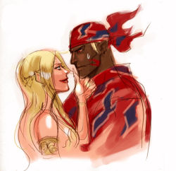 1990s_(style) armband bandana barbariccia bare_shoulders blonde_hair blue_eyes cloak couple dark_skin final_fantasy final_fantasy_iv kareji long_hair pointy_ears red_eyes rubicante