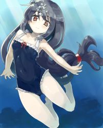 1girl air_bubble black_hair black_one-piece_swimsuit blush breasts bubble casual_one-piece_swimsuit collarbone covered_navel day frilled_swimsuit frills full_body hatsushimo_(kancolle) holding_breath kantai_collection light_rays long_hair low-tied_long_hair naka_akira ocean one-piece_swimsuit outdoors red_eyes small_breasts solo submerged sunlight swimming swimsuit underwater water