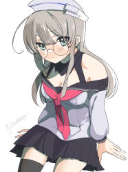 1girl ahoge black_sailor_collar black_skirt black_thighhighs blue_eyes dixie_cup_hat grey_hair hat headgear heywood_l._edwards_(kancolle) highres invisible_chair kantai_collection long_hair military_hat neckerchief niwa_yukke off-shoulder_shirt off_shoulder one-hour_drawing_challenge pink_neckerchief pleated_skirt sailor_collar sailor_shirt school_uniform serafuku shirt simple_background sitting skirt solo thighhighs white_background white_hat white_shirt