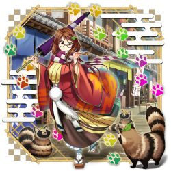 1girl :3 animal_ears brown_eyes brown_hair brown_sandals checkered_clothes checkered_scarf closed_mouth egasumi full_body futatsuiwa_mamizou futatsuiwa_mamizou_(human) futatsuiwa_mamizou_(human_disguise_and_transformation) game_cg geta glasses hair_ornament highres holding holding_smoking_pipe holding_umbrella japanese_clothes kimono kiseru leaf leaf_hair_ornament leaf_on_head long_hair long_sleeves looking_at_animal official_art oil-paper_umbrella orange_kimono outdoors paw_print raccoon_ears raccoon_girl raccoon_tail rotte_(1109) sandals scarf smile smoking_pipe socks solo storefront tabi tail tanuki third-party_source touhou touhou_lostword transparent_background umbrella walking white_socks wide_sleeves