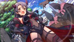 Rule 34 | black hair, blush, building, cloud, costume, facial tattoo, game cg, gloves, hands on own hips, heart, horns, idolmaster, idolmaster million live!, idolmaster million live! theater days, navel, official art, open mouth, own hands clasped, red eyes, takayama sayoko, tattoo, tree