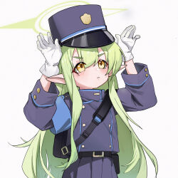 Rule 34 | 1girl, absurdres, armband, backpack, bag, belt, belt buckle, black bag, black belt, blue archive, blue armband, blue hat, blue jacket, blue skirt, blush, buckle, buttoned cuffs, buttons, closed mouth, commentary, double-breasted, double-parted bangs, gloves, green hair, green halo, hair between eyes, halo, hands up, hat, highres, hikari (blue archive), jacket, long hair, long pointy ears, long sidelocks, long sleeves, peaked cap, pinko (oknip), pleated skirt, pointy ears, sidelocks, simple background, skirt, solo, symbol-only commentary, upper body, very long hair, white background, white gloves, yellow eyes