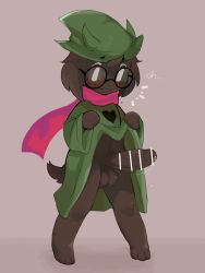 1boy animal_ears bar_censor black-framed_eyewear blush bottomless censored closed_mouth clothes_lift deltarune english_text erection foreskin full_body furry furry_male goat_boy goat_ears goat_tail green_hat green_robe grey_background hat highres horns horns_through_headwear lifting_own_clothes long_sleeves looking_down male_focus mob_face penis pink_scarf pointless_censoring precum ralsei robe round_eyewear scarf simple_background solo standing testicles white_eyes wide_sleeves witch_hat zsloth |_|
