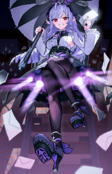1girl absurdres ascot black_nails black_pantyhose bow bowtie center_frills chen_qixing drill_hair frills gem hairband high_heels highres holding holding_letter holding_umbrella letter long_hair looking_at_viewer mole mole_under_eye pantyhose patterned_legwear pointy_ears purple_ascot purple_bow purple_bowtie purple_gemstone purple_hair purple_hairband purple_umbrella shrug_(clothing) sideboob_cutout smile twin_drills umbrella vivian_banshee white_shrug zenless_zone_zero