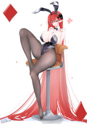 1girl absurdly_long_hair animal_ear_hairband animal_ears arm_strap azur_lane bare_shoulders black_horns black_leotard breasts cross_hair_ornament curled_horns detached_collar diamond_(shape) fake_animal_ears hair_ornament hair_spread_out hairband highleg highleg_leotard highres hindenburg_(azur_lane) hindenburg_(delirious_duel)_(azur_lane) horns huge_breasts leotard livetarica long_hair looking_at_viewer official_alternate_costume playboy_bunny pointy_ears rabbit_ear_hairband rabbit_ears red_eyes red_hair signature simple_background sitting solo strapless strapless_leotard very_long_hair white_background