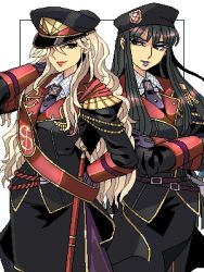 2girls aiguillette black_hair blonde_hair long_hair lowres military military_uniform multiple_girls original pantyhose punpun