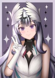 1girl absurdres black_hair blush border closed_mouth commentary delvy_17 eyelashes fire_emblem fire_emblem_engage gloves highres looking_at_viewer multicolored_hair nintendo outside_border purple_background purple_border smile solo sparkle streaked_hair two-tone_hair upper_body v veyle_(fire_emblem) white_gloves white_hair