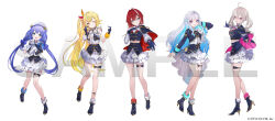 Rule 34 | 5girls, :d, ahoge, aiguillette, ange katrina, ankle boots, aqua eyes, beret, blonde hair, blue boots, blue bow, blue cape, blue eyes, blue gloves, blue hair, blue shirt, blue skirt, blunt bangs, boots, bow, bracelet, braid, cape, colored inner hair, commentary request, copyright notice, fold-over boots, frilled skirt, frills, fur bracelet, gloves, gold trim, grey hair, hair bow, hair ornament, hair over one eye, half up braid, hat, high heel boots, high heels, highres, hoshikawa sara, idol clothes, jewelry, layered skirt, lineup, lize helesta, long hair, long sleeves, looking at viewer, medium hair, miniskirt, multicolored hair, multiple girls, nijisanji, nijisanji idol uniform, official art, one eye closed, open mouth, pink cape, pink eyes, purple eyes, red cape, red hair, sample watermark, sebastian piyodore, shirt, side cape, side ponytail, silver tiara, simple background, skirt, sleeve cuffs, sleeveless, sleeveless shirt, smile, standing, streaked hair, sukoya kana, suou (sdurorhr), thigh strap, twin braids, twintails, two-sided cape, two-sided fabric, two-tone hair, very long hair, virtual youtuber, watermark, white background, white hair, white hat, white skirt, x hair ornament, yellow eyes, yuuki chihiro