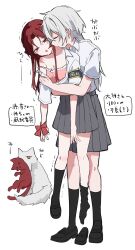 2girls animalization anmi_ilust armband bite_mark bite_mark_on_neck biting black_shoes black_socks blush bow bowtie camisole carrying carrying_person cat closed_eyes collared_shirt commentary_request earclip grey_skirt highres loafers long_hair multiple_girls neck_biting open_clothes open_shirt original pink_camisole pleated_skirt red_bow red_bowtie red_cat red_hair shirt shoes short_sleeves simple_background skirt socks sweat translation_request trembling white_background white_cat white_hair white_shirt yuri