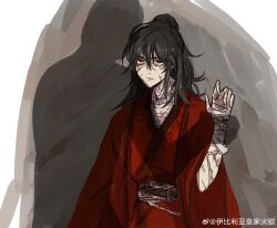 2boys absurdres bandaged_arm bandaged_hand bandaged_neck bandages black_hair chinese_clothes chinese_commentary closed_mouth coat dao_gui_yi_xian hair_between_eyes hair_bun half_updo hand_up hanfu highres holding_another&#039;s_wrist implied_yaoi li_huowang long_hair looking_at_viewer male_focus messy_hair multiple_boys open_clothes open_coat red_coat red_eyes red_hanfu robe sash scar scar_on_arm scar_on_face scar_on_hand scar_on_neck shadow single_hair_bun solo_focus upper_body watermark weibo_watermark white_background wide_sleeves yi_bi_li_ya_huang_jia_huo_tui