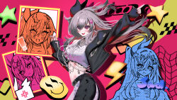 ! +_+ 1girl absurdres anger_vein black_bow black_jacket black_nails black_pants bow crown_hair_ornament grey_hair hair_bow highres hololive hololive_dev_is isaki_riona jacket long_hair looking_at_viewer multicolored_nails nail_polish open_mouth pants ponytail purple_eyes red_nails shirt siranami_eight smile solo spoken_anger_vein virtual_youtuber white_shirt
