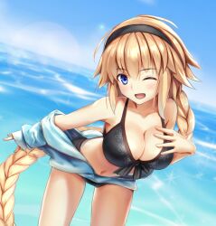 1girl ;d bent_over bikini bikini_under_clothes black_bikini black_hairband blonde_hair blue_eyes blue_jacket blue_sky braid braided_ponytail breasts cleavage cloud collarbone day fate/grand_order fate_(series) hairband highres jacket jeanne_d&#039;arc_(fate) jeanne_d&#039;arc_(swimsuit_archer)_(fate) jeanne_d&#039;arc_(swimsuit_archer)_(first_ascension)_(fate) large_breasts long_hair navel ocean off_shoulder one_eye_closed open_mouth outdoors sky smile solo stomach swimsuit very_long_hair wata0933 water
