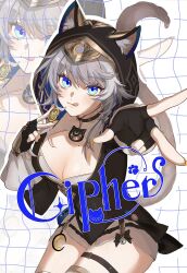 1girl animal_ear_fluff animal_ears animal_hood belt black_gloves black_leotard blue_eyes breasts cat_ears cat_girl cat_hood cat_tail character_name cipher_(honkai:_star_rail) cleavage coin commentary fingerless_gloves gloves gold_coin grid_background highres holding holding_coin honkai:_star_rail honkai_(series) hood hooded_leotard large_breasts leotard licking_lips mole mole_on_breast shorts solo symbol-only_commentary tail thigh_belt thigh_strap thighhighs tongue tongue_out tubakkkki65 white_shorts zoom_layer