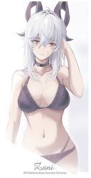 1girl absurdres artist_name bags_under_eyes bare_shoulders black_bra black_choker black_horns black_panties bra breasts character_name choker closed_mouth collarbone commentary curled_horns english_commentary english_text hair_between_eyes highres horns large_breasts mole mole_under_eye multi-strapped_panties navel panties rachies200907 solo stomach underwear wuthering_waves zani_(wuthering_waves)