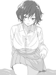 1girl bra_visible_through_clothes breasts collared_shirt greyscale hair_ornament monochrome nue_no_onmyouji pu59211 see-through_clothes shirt short_hair skirt skirt_hold solo tomesode_shitotsu wet wet_clothes