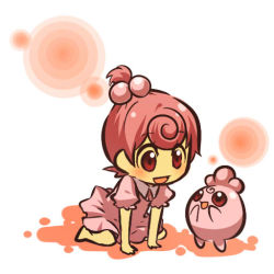 1990s_(style) 1girl :d all_fours barefoot blush child creature_and_personification dress gen_2_pokemon hair_bobbles hair_ornament hitec igglybuff moemon nintendo open_mouth personification pink_hair pokemon pokemon_(creature) pokemon_gsc ponytail red_eyes retro_artstyle short_ponytail smile