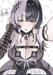 :q absurdres arm_strap black_arm_warmers black_choker black_dress black_hair breasts choker cleavage dress ewn female_pov grey_hair heart highres hololive hololive_english huge_breasts long_hair looking_at_viewer multicolored_hair nerissa_ravencroft nerissa_ravencroft_(1st_costume) pov ribbon shiori_novella shiori_novella_(1st_costume) split-color_hair striped_arm_warmers tongue tongue_out two-tone_hair virtual_youtuber white_ribbon yellow_eyes