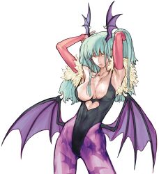 1girl adjusting_hair animal_print aqua_hair armpits arms_up bare_shoulders bat_print bat_wings breasts bridal_gauntlets capcom capcom_vs_snk_2 cleavage darkstalkers demon_girl fur-trimmed_leotard fur_trim game_cg green_hair head_wings heart highleg highleg_leotard highres large_breasts leaning_to_the_side leotard lips long_hair looking_at_viewer morrigan_aensland naughty_face nishimura_kinu non-web_source off-shoulder_leotard official_art orange_eyes pantyhose parted_lips print_pantyhose purple_pantyhose purple_wings simple_background solo standing wings yellow_eyes