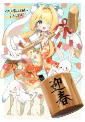 1girl 2023 animal_ears aqua_eyes blonde_hair blush blush_stickers bow chinese_zodiac commentary_request egasumi floral_print flower food full_body fur-trimmed_kimono fur_trim hair_bow highres holding holding_mallet japanese_clothes kimono kine long_hair looking_at_viewer mallet mochi nanagaedemo new_year open_mouth original pom_pom_(clothes) print_kimono rabbit rabbit_ears red_ribbon ribbon shide smile twintails white_rabbit_(animal) year_of_the_rabbit