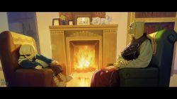 1boy 1girl absurdres chair doll fire flower furry goat highres inuki_(aruurara) sans_(undertale) sitting skeleton stuffed_toy toriel undertale