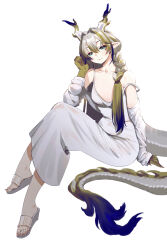 1girl absurdres arknights crossed_legs dragon_horns dragon_tail dress feet ghosty_(xiaobai) green_eyes highres horns long_hair looking_at_viewer multicolored_hair pointy_ears shu_(arknights) sitting smile strap_slip tail toes