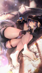 1girl animal_ears artist_name bare_legs barefoot between_toes black_jacket blue_eyes breasts cat_ears cat_girl cat_tail cipher_(honkai:_star_rail) cleavage commentary_request feet foot_focus highres holding_with_feet honkai:_star_rail honkai_(series) hood hood_up hooded_jacket jacket knees_together_feet_apart large_breasts legs looking_at_viewer lying minamo_(edosei_edo) mole mole_on_chest on_side short_hair short_shorts shorts soles solo tail toe_scrunch toenails toes watermark white_hair white_shorts