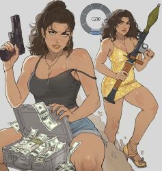 absurdres banknote breasts brown_hair commentary dark-skinned_female dark_skin denim denim_shorts dollar_bill dress earrings english_commentary gold_dress grand_theft_auto grand_theft_auto_vi gun handgun high_heels highres holding holding_gun holding_weapon hoop_earrings hundred_dollar_bill jewelry long_hair lucia_caminos money rocket_launcher rpg rpg-7 rpg_(weapon) shirt shorts trigger_discipline weapon yoracrab
