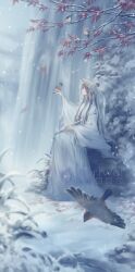 1boy architecture artist_name bird bird_on_hand blindfold blurry blurry_background blurry_foreground brown_hair building chinese_clothes closed_mouth commentary east_asian_architecture english_commentary erha_he_tadebai_mao_shizun falling_leaves flute foliage from_side full_body hair_bun hanfu highres holding holding_flute holding_instrument instrument leaf long_sleeves male_focus on_rock rock shi_mei sitting smile snow snowing solo stariwei tree veil water weimao white_blindfold white_hanfu white_veil wide_sleeves