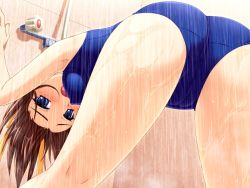 1girl :o against_wall armpits ass bathroom bent_over blue_eyes blush breasts brown_hair cameltoe covered_erect_nipples dutch_angle embarrassed ero_smash female_focus from_behind game_cg hair_ribbon kneepits looking_at_viewer looking_back medium_breasts nagase_shione one-piece_swimsuit open_mouth ribbon saeki_hokuto school_swimsuit sexually_suggestive short_hair showering solo spread_legs swimsuit thighs water wet
