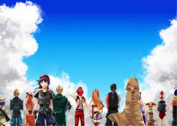 5girls armor arms_behind_back bandana bare_arms beanie black_hair black_shirt black_vest blonde_hair blue_hair blue_pants blue_shorts boots braid cape chrono_cross cloak closed_eyes cloud cloudy_sky crossed_arms dario_(chrono_cross) detached_sleeves doc_(chrono_cross) dress earrings fargo_(chrono_cross) gloves green_cape hairband hand_on_own_face hand_on_own_hip hat hidden_face hoop_earrings jewelry kid_(chrono_cross) korcha_(chrono_cross) leena_(chrono_cross) long_hair low_ponytail macha_(chrono_cross) male_swimwear mel_(chrono_cross) midriff miki_(chrono_cross) military military_uniform miniskirt mohawk multiple_boys multiple_girls neckerchief necklace nikki_(chrono_cross) norris_(chrono_cross) o_peco open_mouth orange_hair pants ponytail red_bandana red_hair red_male_swimwear red_neckerchief red_pants red_swim_briefs see-through_clothes serge_(chrono_cross) shirt short_hair shorts skirt sky sleeveless sleeveless_dress smile suspenders swim_briefs swimsuit thigh_boots twin_braids upper_body van_(chrono_cross) vest wavy_hair