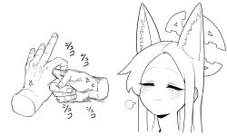 1boy 1girl anger_vein animal_ear_fluff animal_ears asahina_yoshitoshi blue_archive blush closed_eyes closed_mouth disembodied_hand ear_blush extra_ears fox_ears greyscale halo highres long_hair monochrome penetration_gesture puff_of_air seia_(blue_archive) simple_background smile solo_focus white_background