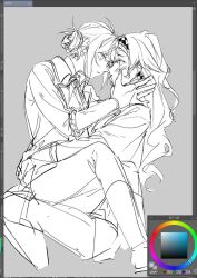 2girls arms_around_waist art_program_in_frame blush checkered_hairband color_wheel commentary greyscale hair_bun hairband hatyo long_sleeves monochrome multiple_girls pants parted_lips reverse:1999 single_side_bun sitting sitting_on_lap sitting_on_person smile sonetto_(reverse:1999) two_side_up vertin_(reverse:1999) yuri