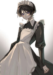 Rule 34 | 1boy, absurdres, alternate costume, apron, arms at sides, black dress, black hair, black ribbon, black sleeves, blunt ends, blurry, closed mouth, collar, collared dress, crossdressing, depth of field, dress, enmaided, eyeliner, eyeshadow, frilled apron, frilled hairband, frills, genshin impact, hairband, highres, long sleeves, looking at viewer, maid, maid apron, maid headdress, makeup, male focus, male maid, nero hanken, purple eyes, red eyeliner, red eyeshadow, ribbon, scaramouche (genshin impact), solo, watermark, white apron, white background, white collar, white hairband, wispy bangs