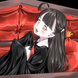 1girl bite_mark bite_mark_on_neck black_cloak black_hair blush cloak coffin fangs highres long_hair looking_at_viewer one_side_up open_mouth original pale_skin pointy_ears red_eyes solo vampire yozora