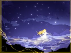 1girl blonde_hair border character_request compass dress falling_petals hair_flowing_over highres limbus_company limited_palette long_hair multiple_monochrome neuronolc night night_sky ornate_border outstretched_arms petals project_moon purple_theme reflection reflective_water scenery sky solo spot_color star_(sky) starry_sky t-pose wading white_dress