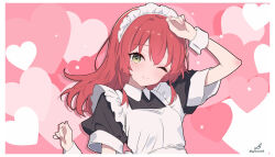 1girl absurdres apron black_dress blush bocchi_the_rock! border closed_mouth commentary dress green_eyes heart heart_background highres kita_ikuyo long_hair looking_at_viewer maid maid_apron maid_headdress minusk9 one_eye_closed red_hair solo upper_body white_apron white_border white_wrist_cuffs wrist_cuffs