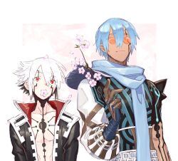 .hack// .hack//g.u. .hack//g.u._last_recode 2boys black_coat black_shirt blue_hair blue_scarf blue_shirt border cherry_blossoms chest_tattoo coat commentary_request dark-skinned_male dark_skin facial_tattoo flower flower_in_mouth gloves haseo_(.hack//) looking_at_another maishi male_focus multiple_boys ovan_(.hack//) pink_hair red_eyes scarf shirt short_hair simple_background smile striped_clothes striped_shirt tattoo upper_body white_background white_hair