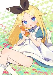Rule 34 | 1girl, alice (moyori), back bow, blonde hair, blue eyes, blue flower, blush, bow, bright pupils, brown bow, carrot, eyelashes, fingernails, flower, food, hair bow, heart, heart background, holding, holding carrot, holding food, holding vegetable, large bow, long hair, moyori, open mouth, original, patterned, patterned background, puffy sleeves, purple flower, red flower, socks, solo, suggestive fluid, tongue, vegetable, white bow, white pupils, white socks