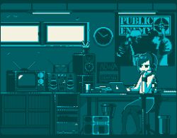 1girl animated animated_gif boombox cigarette clock computer crt desk headphones laptop looping_animation monochrome motocross_saito one_side_up original pixel_art poster_(medium) short_hair sitting smoke smoking television window