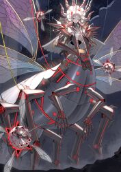 1girl absurdres arthropod_girl cable closed_eyes commission drone extra_arms extra_legs highres horns insect_wings mandibles mask monster_girl original own_hands_together robot_girl skeb_commission sumosamo wings