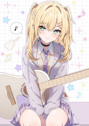1girl between_legs black_choker blonde_hair brown_sweater choker closed_mouth collared_shirt commentary_request drawstring eighth_note feet_out_of_frame grid_background guitar hand_between_legs highres instrument jacket kurumi_noah long_hair long_sleeves musical_note necktie open_clothes open_jacket plaid_clothes plaid_necktie pleated_skirt puffy_long_sleeves puffy_sleeves purple_jacket purple_necktie purple_skirt shirt sitting skirt smile solo sparkle spoken_musical_note star_(symbol) sweater synn032 twintails virtual_youtuber vspo! white_background white_shirt