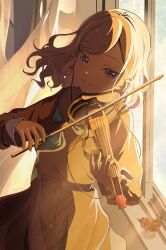 1girl absurdres bird blue_eyes bow_(music) brown_dress ceras_yanagida_lilienfeld commentary_request dress evening green_neckerchief grey_hair hasu_no_sora_school_uniform highres holding holding_instrument holding_violin indoors instrument light_particles link!_like!_love_live! long_hair long_sleeves love_live! morio_(mmorio_mu) music neckerchief playing_instrument school_uniform smile solo sunlight violin virtual_youtuber window