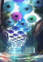 balcony building cloud commentary_request day hachio81 highres lens_flare no_humans oil-paper_umbrella original outdoors scenery sunlight too_many_umbrellas tree umbrella