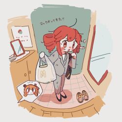 Rule 34 | 2girls, a.i. voice, adachi rei, bag, blush stickers, chibi, door, drill hair, full-length mirror, grey jacket, grey pants, grocery bag, highres, holding, holding bag, indoors, jacket, kasane teto, messy hair, mirror, multiple girls, notice lines, open mouth, pants, red eyes, red hair, shoes, shopping bag, short hair, shoulder bag, solo focus, spoken character, sweat, twin drills, utau, zosan suru zosan